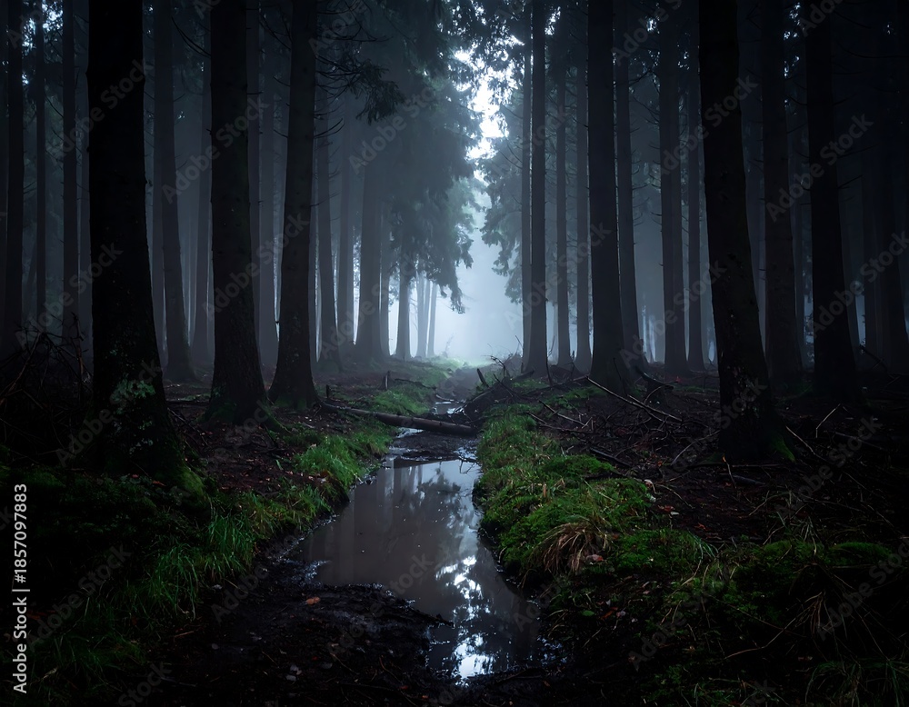 Fototapeta premium A dark, foggy forest scene with tall trees, a small stream, and a path leading into the mist