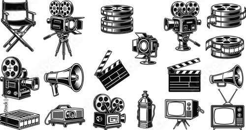 Film production equipment and movie making tools illustration set