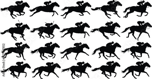 Dynamic horse racing silhouettes in motion on white