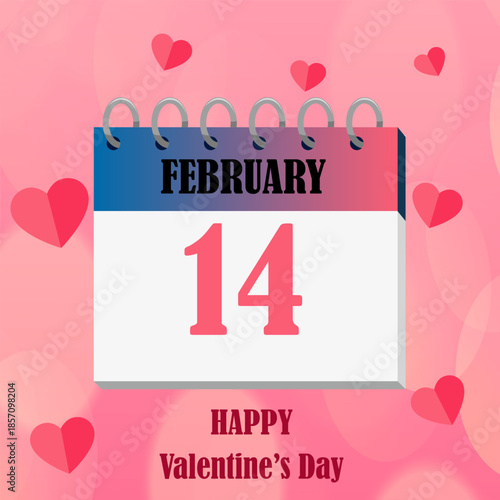 February fourteenth calendar with hearts and valentine s day greeting