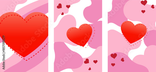 A vibrant pattern of red hearts on a soft pink and white background