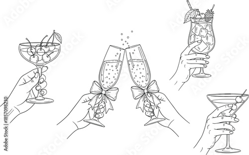 Hands holding cocktails and champagne glasses in elegant celebration