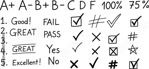 Handwritten grading chart with checkmarks and symbols