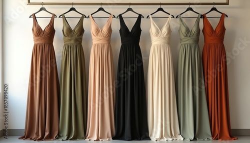 Row of long dresses in neutral earth tones, black hangs on hangers. Floor length gowns in terracotta, olive green, beige, cream shades offer elegant style choices. Beautiful fabrics draped for formal © Pete