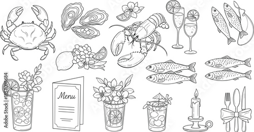 Seafood restaurant menu illustrations with seafood and drinks