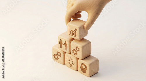 Hand placing final block on wooden pyramid with business icons. Illustrates building success, strategy, and growth