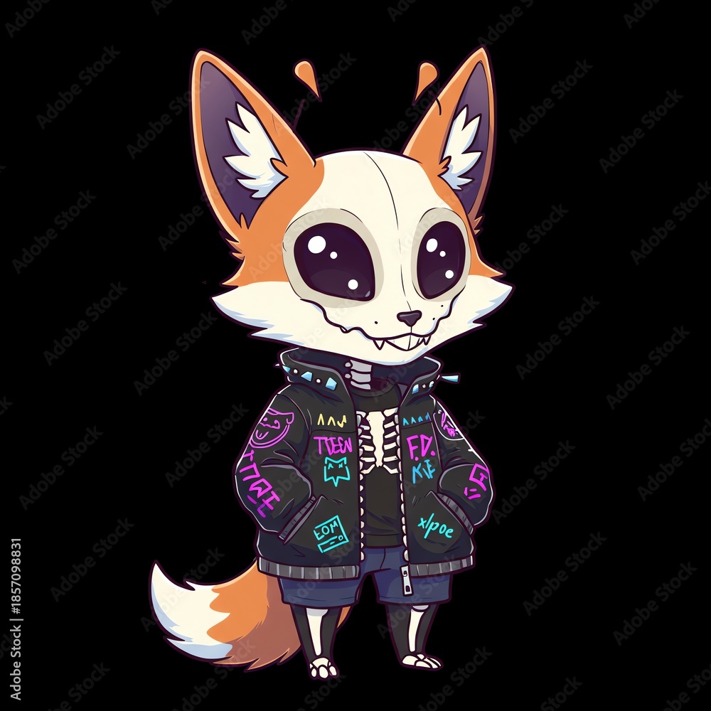 Obraz premium Cute skeletal fox character in a black jacket with neon graphics