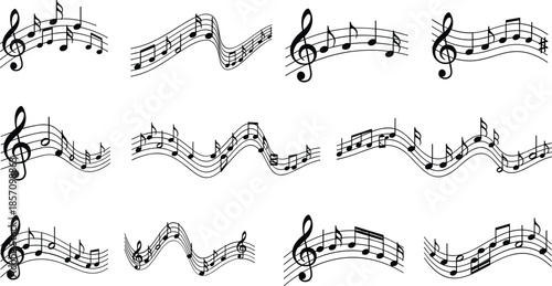 Set of wavy musical notes on white background