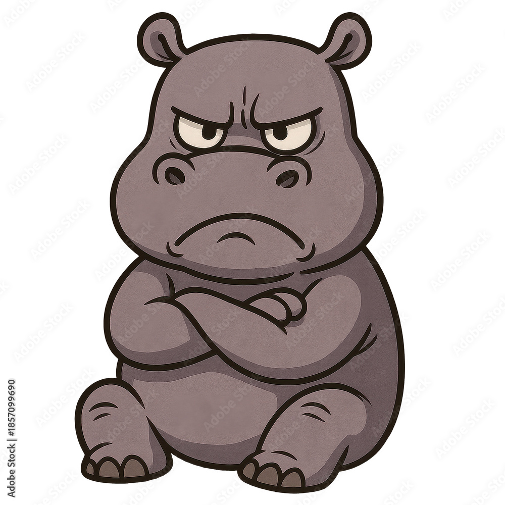 Naklejka premium Angry Hippo Cartoon: An irate cartoon hippo, its brow furrowed and arms crossed, embodies the feeling of frustration and anger in this humorous illustration.