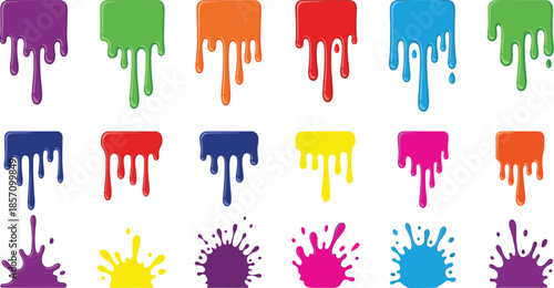 Vibrant colorful paint splatters and drips in various hues
