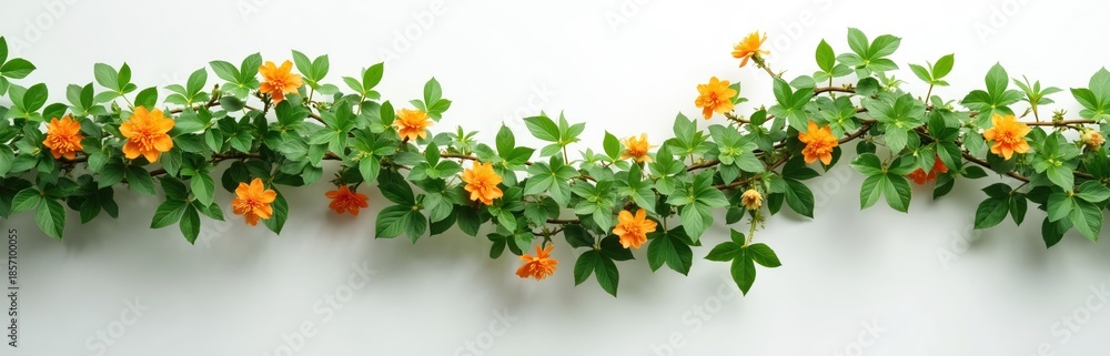 Obraz premium Green vine with orange blooms spreads across clean white backdrop. Lush foliage and bright flowers create natural spring summer border. Botany detail, fresh plant growth, organic decoration element.
