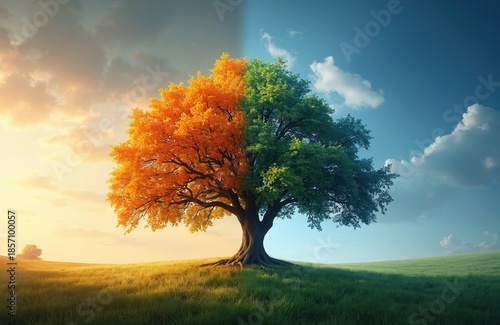 Tree trunk splits into two halves showing autumn leaves and summer green plants. Contrasting seasons display with clear sky above. Nature concept art.