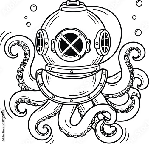 Vintage diving helmet with tentacles underwater
