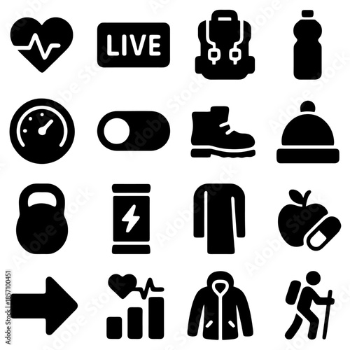 Essential Outdoor Elements: A curated selection of icons, representing the fundamental tools and symbols of outdoor living, sports, and well-being. Focusing on fitness, travel, and adventure.