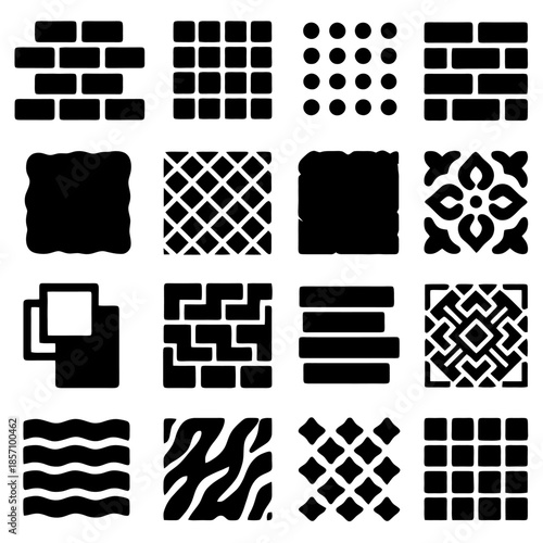 Geometric Array of Textures: A grid presents a multitude of diverse geometric patterns in striking black and white, suitable for designing backgrounds and visual components.