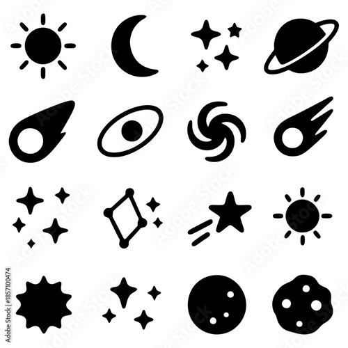 Celestial Icons: A collection of simple, yet captivating, celestial icons including the sun, moon, stars, planets, and galaxies, offering a glimpse into the vastness of the universe.