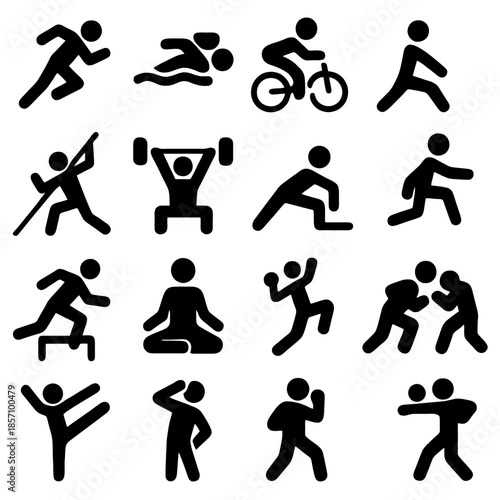 Iconic Sport Activities: A collection of various stick figure illustrations showcasing a variety of sports and fitness activities, emphasizing movement and human actions.