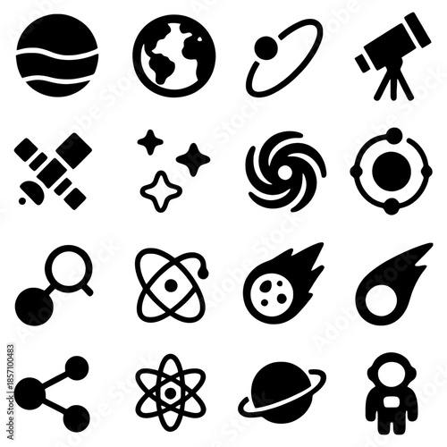 Cosmic Icons: A collection of detailed vector icons encapsulates the wonders of space, astronomy, and the cosmos, inviting exploration and discovery.