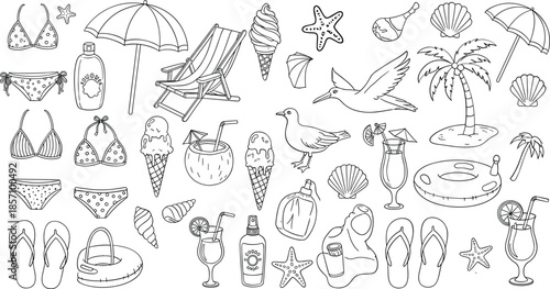 Beach vacation icons with swimsuits, palm trees, and summer drinks