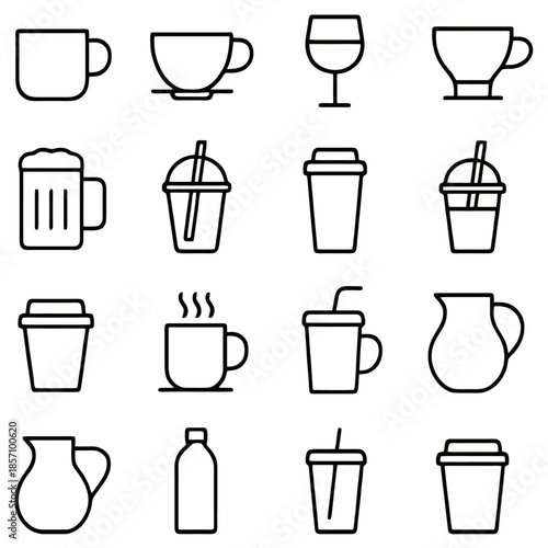 Icons of Beverage: A selection of beverage icons is presented, each meticulously outlined to illustrate a variety of drink options, inviting viewers to explore the vast world of beverages.