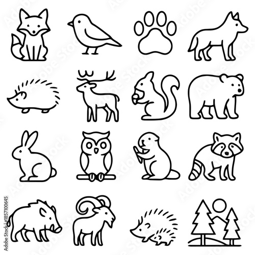 Line Drawing of Forest Animals: A captivating line drawing showcasing diverse forest animals, each depicted in a simple yet charming style, conveying the essence of wildlife in its purest form. 