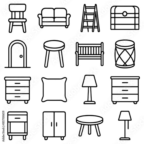 Furniture Icons: A collection of meticulously crafted, minimalist line art icons showcasing a diverse range of furniture pieces, ideal for design concepts or interior design projects. 