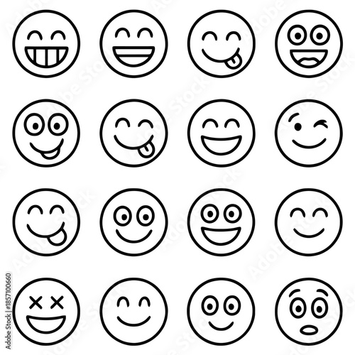 Emoticon Expressions: A collection of various smiling emoticons, each conveying a different emotion through expressive faces, designed to add personality and tone to your digital communication.