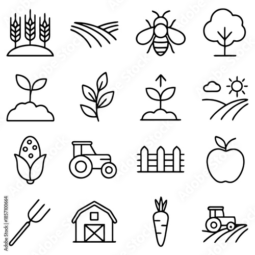 Farm Life Icons: A collection of simple, yet elegant outline icons representing elements of a farm. A beautiful illustration about farming.