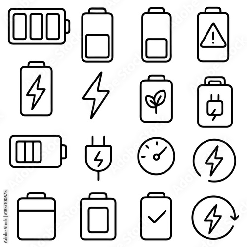 Power Icons Collection: A curated set of minimalistic icons, including battery status indicators, lightning bolt, plugs and green energy themes, ideal for tech design, sustainable living.