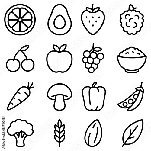 Fresh and Natural: A delightful array of fresh fruits and vegetables, each meticulously illustrated in a simple and elegant line art style.