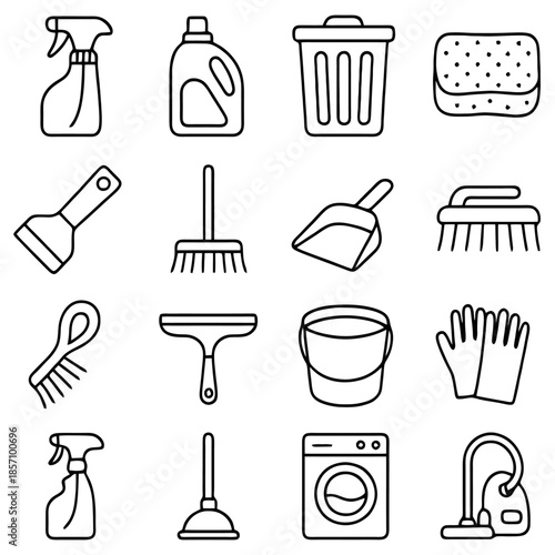 Cleaning Supplies Icons: A comprehensive collection of meticulously crafted line icons representing essential cleaning tools, offering a clean and modern aesthetic.