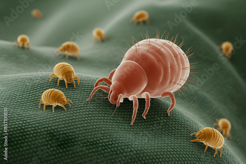 Microscopic dust mites crawling across fabric fibers, a detailed close-up revealing their tiny world and potential allergen concerns