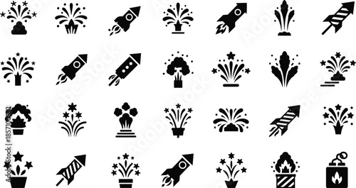 Black icons of fireworks and rockets on white