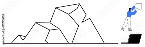 Problem solving concept. A figure moves geometric shapes near a laptop signifying innovative thinking. Problem solving connects creativity, workplace efficiency, teamwork strategies, education design