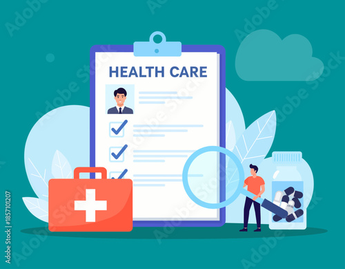 A medical clipboard with a patient's health care record, a first aid kit, and a magnifying glass examining a pill bottle.