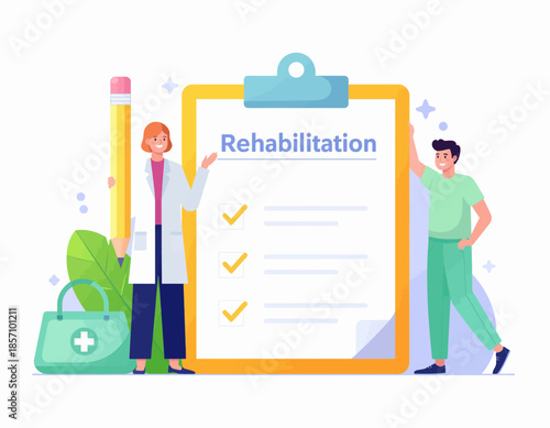 Doctor and patient reviewing a rehabilitation checklist on a clipboard, with a large pencil and medical bag nearby.