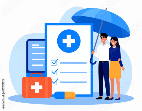 A couple stands under a blue umbrella, symbolizing protection, next to a medical document and a first aid kit, representing health insurance.