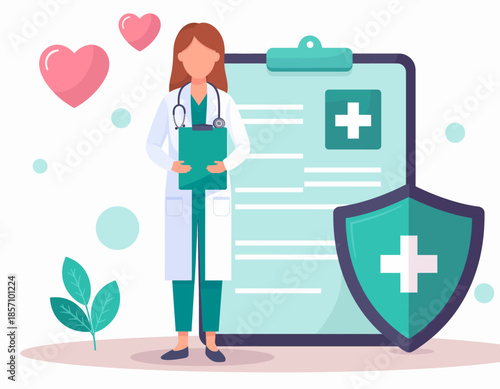 A female doctor stands confidently in front of a medical clipboard and a shield, symbolizing healthcare and protection, with hearts floating nearby.