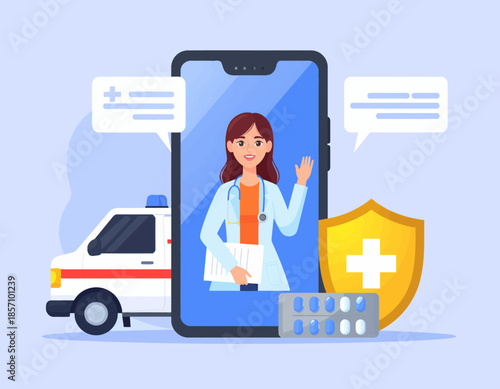 Illustration of a doctor on a smartphone screen with an ambulance, shield, and medicine, representing telemedicine and healthcare services.