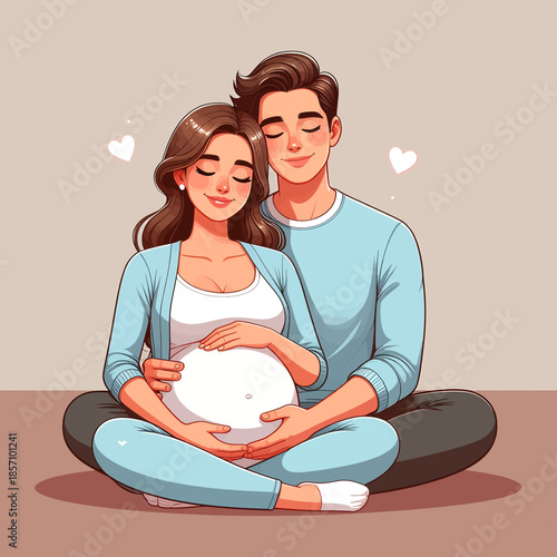 A loving couple, the pregnant woman cradles her belly while her partner embraces her from behind, both with eyes closed in peaceful anticipation.