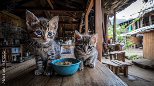 Two kittens with large blue eyes sit on a wooden table, facing forward, in front of a light teal bowl of food, in an out-of-doors rustic setting