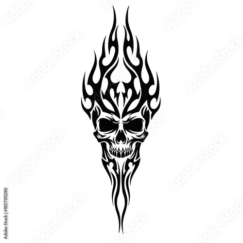 A striking tribal flame skull design, featuring intricate black flames erupting from the top of a menacing skull.
