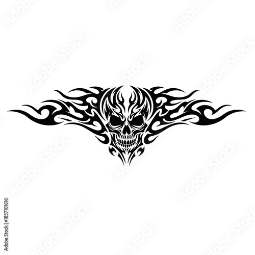 Black and white tribal tattoo design with a menacing skull at the center and stylized flames extending horizontally.