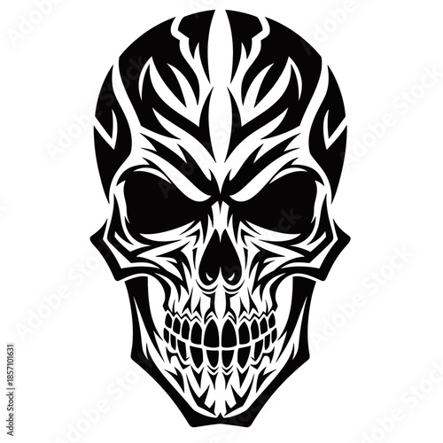 A striking black and white tribal tattoo design of a skull with intricate, flame-like patterns emanating from the top.