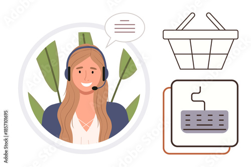 Smiling customer service agent wearing a headset with chat bubble, accompanied by shopping basket and keyboard graphics. Ideal for e-commerce, communication, online support, remote work, digital