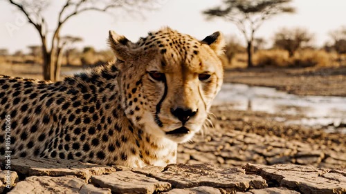 Close up portrait of a cheetah resting in the dry cracked earth of an African savanna during golden hour with sparse acacia trees in the background and a