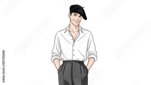 Young man in black beret and white shirt standing confidently with hands in pockets in modern minimalist style for fashion editorial