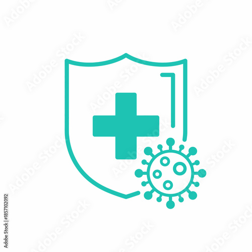 A turquoise shield with a cross symbol and a virus icon representing health and protection against illness.