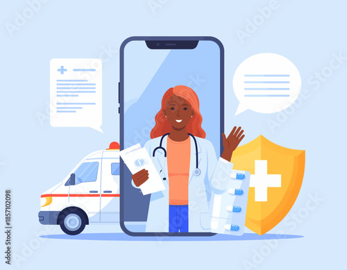 Telemedicine concept with doctor on smartphone, ambulance, and medical shield.