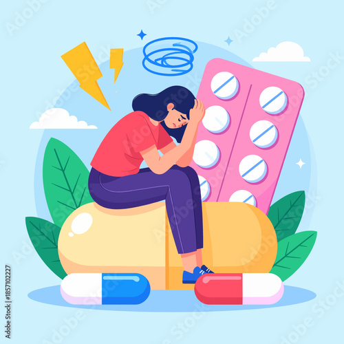 A person sitting on a large pill, looking distressed with a blister pack of pills and other capsules nearby, symbolizing mental health struggles and medication.